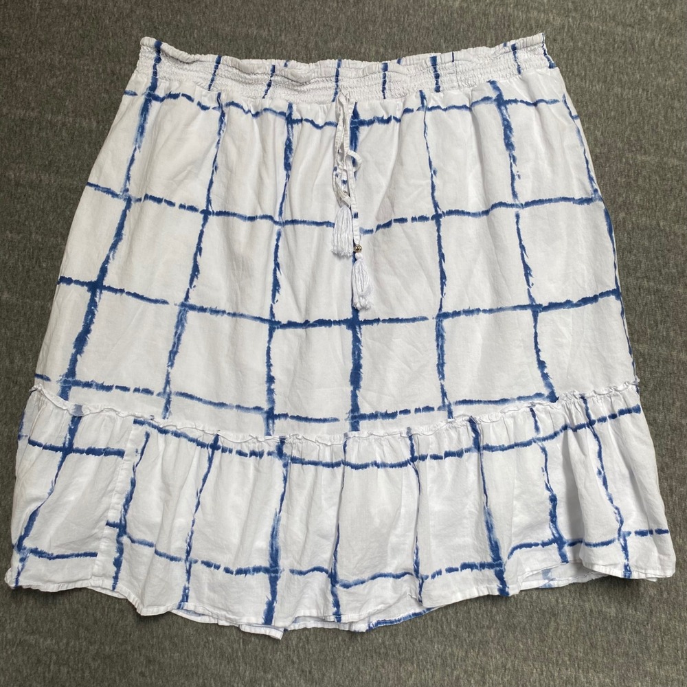 Cato Blue White Grid Print Smocked Waist Tassel Ruffle Hem Cotton Skirt 18/20